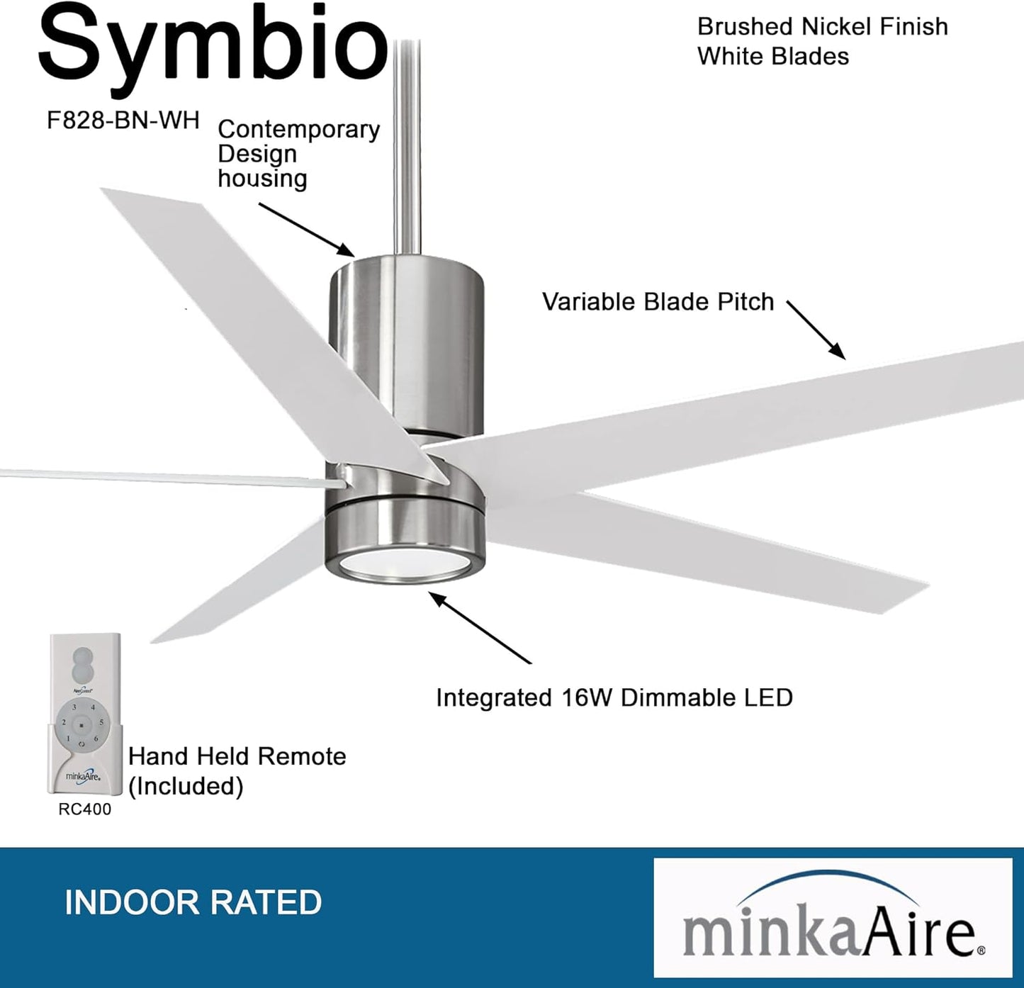 MinkaAire F828-BN/WH Symbio 56 Inch Ceiling Fan LED - Brushed Nickel & White