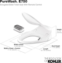 KOHLER 4108-96 PureWash E750 Elongated Electric Bidet Toilet Seat with Remote Control, Bidet Warm Water with Dryer for Existing Toilets - Biscuit