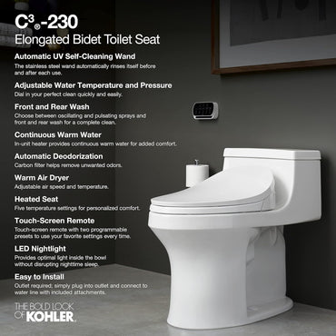 KOHLER 4108-96 PureWash E750 Elongated Electric Bidet Toilet Seat with Remote Control, Bidet Warm Water with Dryer for Existing Toilets - Biscuit
