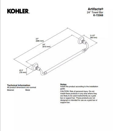 Kohler Artifacts® 24" Bathroom Towel Bar, K-72568-2MB - Brushed Moderne Brass
