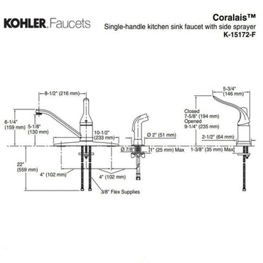 Kohler 15172-F-Brushed Nickel With Measurments For Product