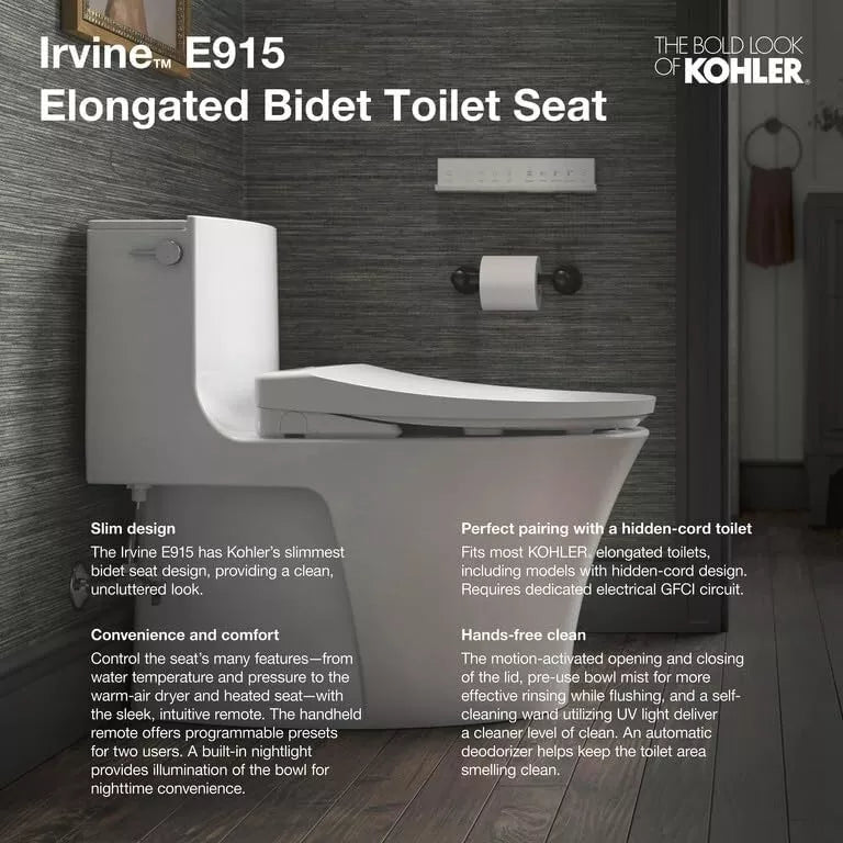 Kohler K-28362-0 Elongated Bidet Toilet Seat With Remote Control - White